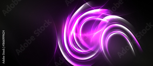 Bright purple swirls radiate from center. Dark background creates dramatic contrast, emphasizing energy, movement, light effects.