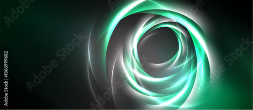 Abstract swirls, glowing lines create dynamic circular pattern. Dark background emphasizes bright center, modern design element.