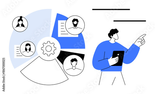 Pie chart with gear symbol, profile photos connected to tasks, and professional holding tablet. Ideal for teamwork, workflow, leadership, coordination, strategy, organization digital planning