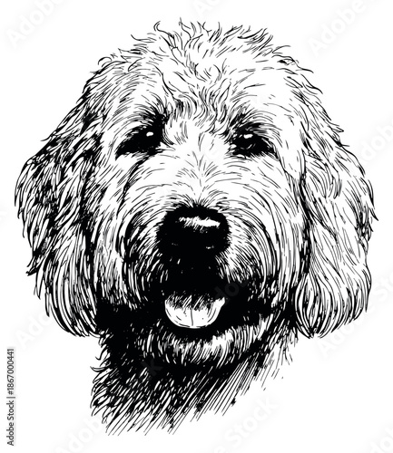 Hand drawn illustration of a Goldendoodle dog depicting a happy expression for pet themed designs