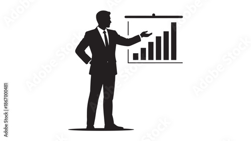 Businessman presenting bar chart in black silhouette with confident gesture in simple flat design for corporate presentation