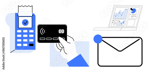 Digital finance, online shopping, business growth, data analysis, secure transactions, communication tools. Hand holding a credit card near a POS terminal, charts on a laptop, envelope illustration