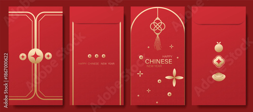 Happy Chinese New Year 2026 hongbao red envelope design vector. Collection of Chinese festival with gold ingot, coin, orange. Elegant oriental ang pao illustration for greeting card.