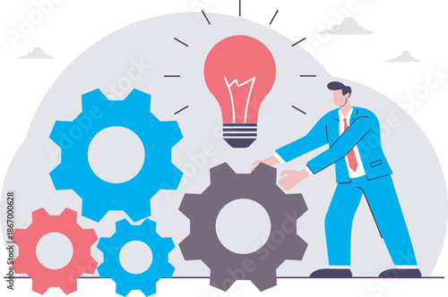 Businessman building gear system with creative idea for innovation and problem solving flat vector illustration