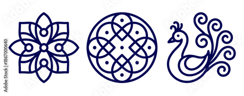 Set of Indian rangoli vector icons. Stylized peacock bird, floral lotus mandala, and celtic knot circle. Traditional Diwali festival decoration elements. Line art outline style design.