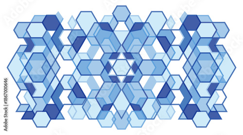 Abstract blue geometric hexagon rangoli vector pattern. Modern technological honeycomb background with transparent shapes. Futuristic molecular structure design element for science or corporate banner