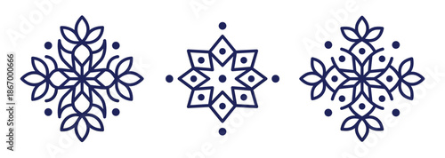 Set of simple floral rangoli vector ornaments. Minimalist star and flower mandala icons. Indian festival decoration elements. Symmetrical line art for henna, mehndi or tattoo design.