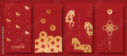 Happy Chinese New Year 2026 hongbao red envelope design vector. Collection of Chinese festival with gold ingot, coin, Year of the horse. Elegant oriental ang pao illustration for greeting card.