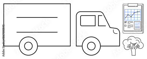 Logistics, delivery, supply chain, environmental awareness, sustainability, transportation services. Black outline truck, clipboard with graph and tree icon. Logistics and delivery focus
