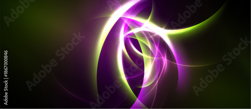 Abstract swirls, vibrant purple, green hues dominate. Light radiates, creating dynamic energy, flowing forms. Dark background enhances luminosity.