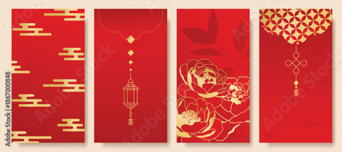 Happy Chinese New Year 2026 hongbao red envelope design vector. Collection of Chinese festival with cloud, peony flower, lantern, pattern, leaf. Elegant oriental angpao illustration for greeting card.