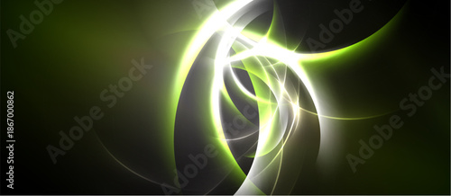 Abstract swirls, luminous lines, vibrant green hues dominate dark background. Dynamic energy radiates from central focal point.