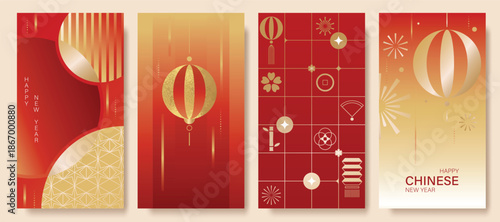 Happy Chinese New Year 2026 hongbao red envelope design vector. Collection of Chinese festival with coin, bamboo, firework, lantern, pattern. Elegant oriental angpao illustration for greeting card.