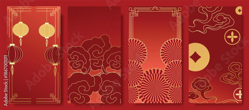 Happy Chinese New Year 2026 hongbao red envelope design vector. Collection of Chinese festival with firework, lantern, fans, coin, cloud. Elegant oriental angpao illustration for greeting card.