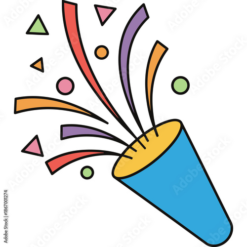 Vibrant party horn with colorful confetti and shapes
