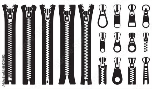 Zipper and slider vector icons set for clothing and tailoring design