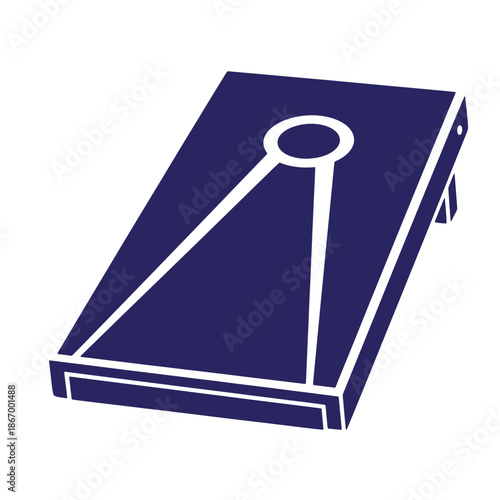 Blue cornhole board with white outline and hole for game  recreational outdoor activity equipment