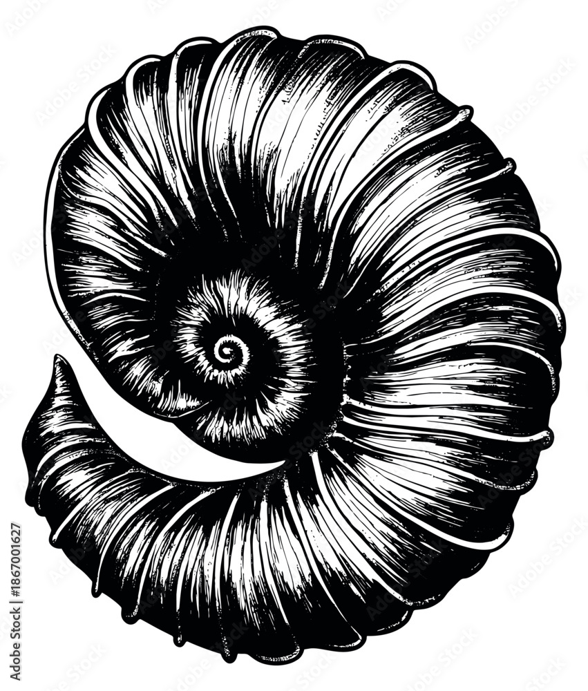 Obraz premium Hand drawn line art illustration of a nautilus shell depicting its intricate spiral structure for marine life and nature designs
