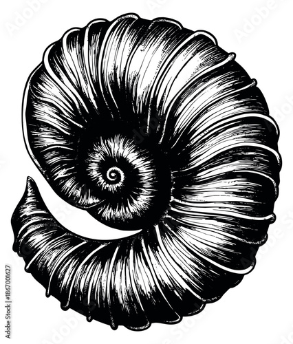 Hand drawn line art illustration of a nautilus shell depicting its intricate spiral structure for marine life and nature designs