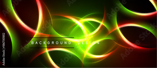 Abstract neon lights form swirling shapes. Vibrant colors blend, creating dynamic visual effect. Dark background emphasizes glowing elements.