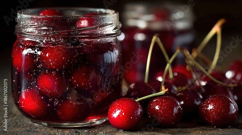 Close up Delicious Red Cherry Jam in Glass Jar Food Still Life