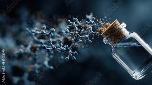 Creative Concept Molecule Exploding From Glass Bottle Laboratory Science Illustration