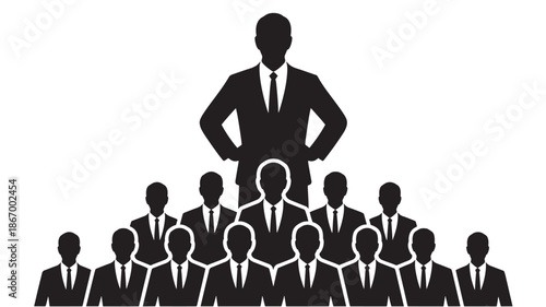 Business Leader Standing on Team of Silhouetted Professionals in Monochrome Minimalist Style with High Contrast Lighting on White Background for Corporate Branding