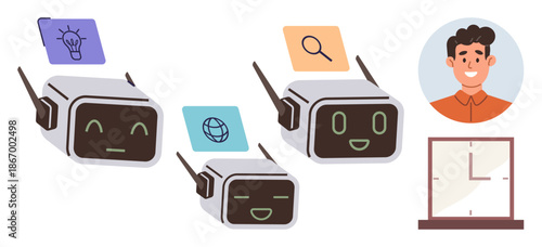 Artificial intelligence, chatbot development, digital assistance, technology education, human-machine interaction, online learning. Various robots with icons and a smiling person. AI and chatbot