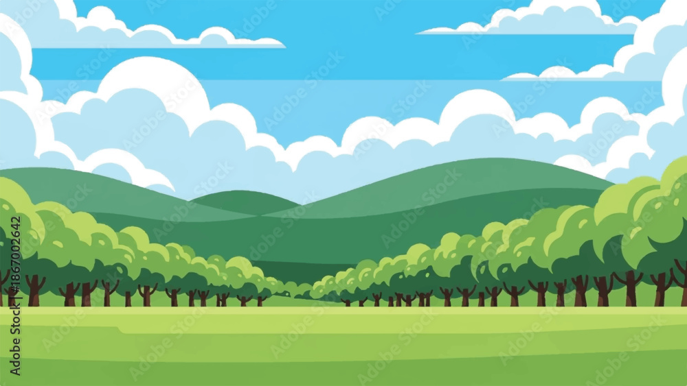 Obraz premium A serene landscape of rolling hills and trees under a blue sky vector illustration clouds with green field background