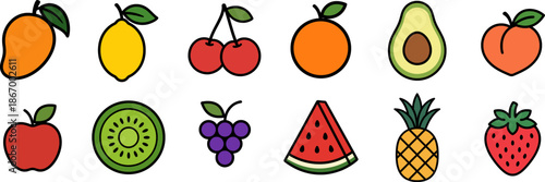 Clean bold outline vector set of 12 flat fruits in simple colorful shapes
