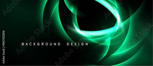 Dark background features vibrant green swirling lines. Abstract design creates dynamic, modern visual effect. Text reads background design.