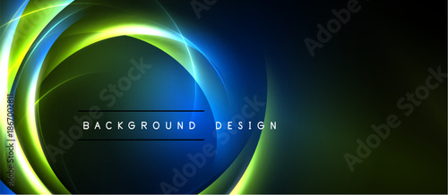 Abstract neon circles, vibrant green, blue hues. Dark background creates dynamic visual effect. Text reads background design.