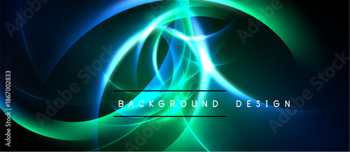 Abstract luminous swirls, vibrant blue, green hues. Dynamic energy radiates from central point. Dark background emphasizes bright design elements.