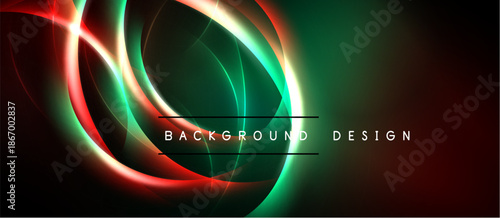 Abstract design features glowing curves, vibrant colors. Dark background enhances luminosity, creating dynamic visual effect.