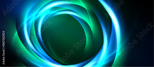Abstract swirling lights create circular patterns. Vivid blues, greens dominate dark background. Dynamic energy radiates from center.