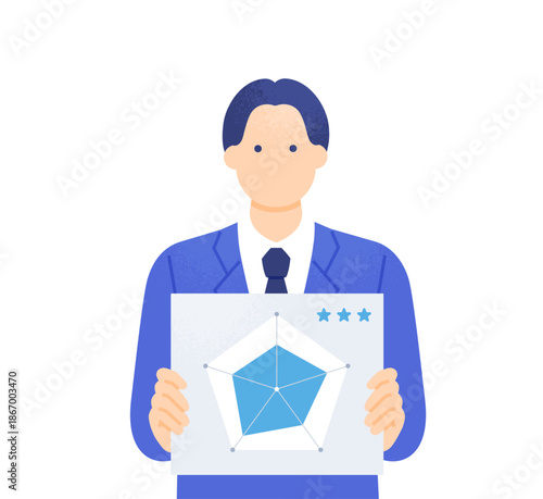自分の能力やスキルを可視化したレーダーチャートを持つ男性のイラスト素材。