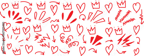 Doodle radial line rays. Hand drawn round corner shine. Hand-drawn red doodle set featuring hearts, crowns, and arrows for various design projects. A vibrant collection of hand-drawn red doodle elemen
