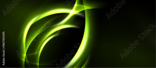 Abstract design features vibrant green curves against dark background. Dynamic lines create flowing, energetic visual impact.