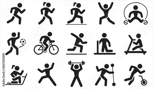 Sports activity stick figure icon set running cycling jumping rope weightlifting vector