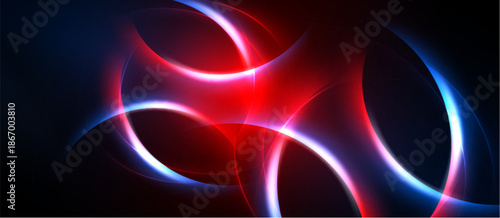 Abstract design features flowing curves, vibrant red, blue hues. Dynamic composition creates energetic visual impact. Dark background emphasizes luminosity.