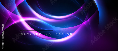 Abstract neon waves, vibrant blue, purple hues. Dynamic flowing lines create futuristic background design. Dark space surrounds bright energy.