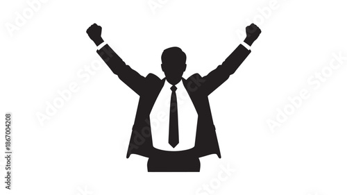 Triumphant businessman silhouette in dynamic pose with monochrome color and bold lines for corporate branding