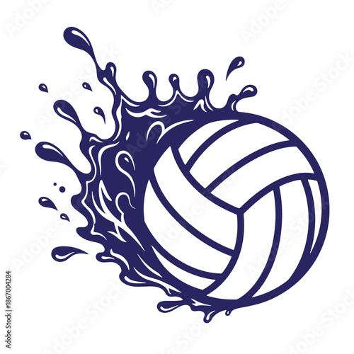 Dark blue volleyball with water splash isolated on white background for sports and recreation concepts