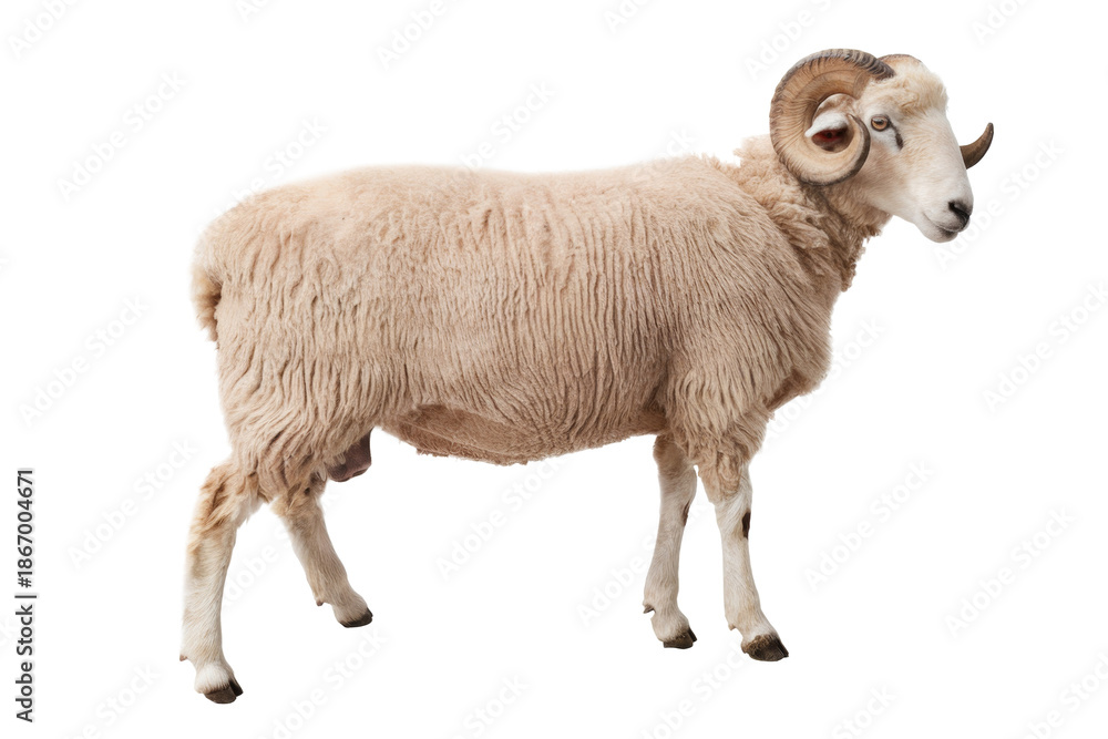 Fototapeta premium Ram with Curled Horns on White Background