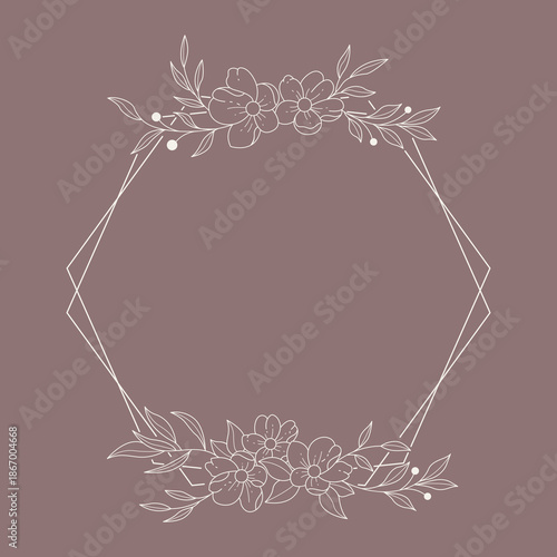 Floral polygon hand drawn style. Floral brown frame of twigs, leaves and flowers. Frames for Valentine’s Day, wedding decor, logo and identity template.