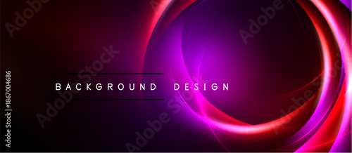 Abstract neon circles over dark background. Vibrant purple, red hues create dynamic visual effect. Modern design element.