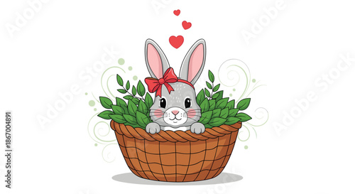 Cute cartoon Easter bunny with a red bow sitting in a wicker basket filled with green leaves and floating hearts.