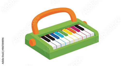 Isometric illustration of a colorful green and orange toy piano for children to play music and develop skills.