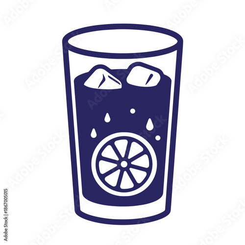 Glass of dark drink with ice cubes and lemon slice inside  refreshing cold beverage