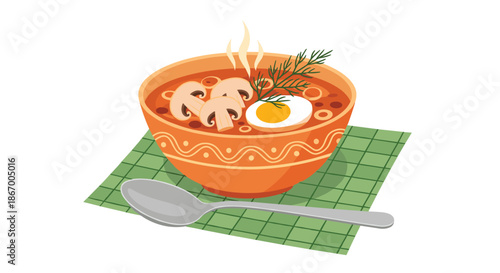 Steaming hot bowl of mushroom soup with a boiled egg and dill garnish served on a green napkin with a spoon vector.